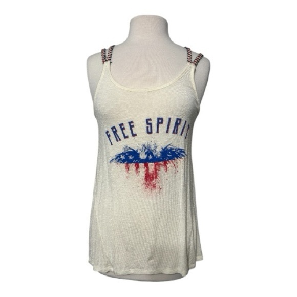 Wrangler Tops - Wrangler, Free Spirit. Cream Tank Top with Blue and Red Design